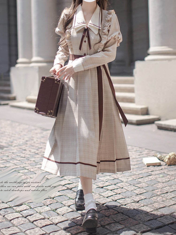 Plaid Pleated Juliette Sleeves Preppy Dress: Skirt with Coffee Light Style