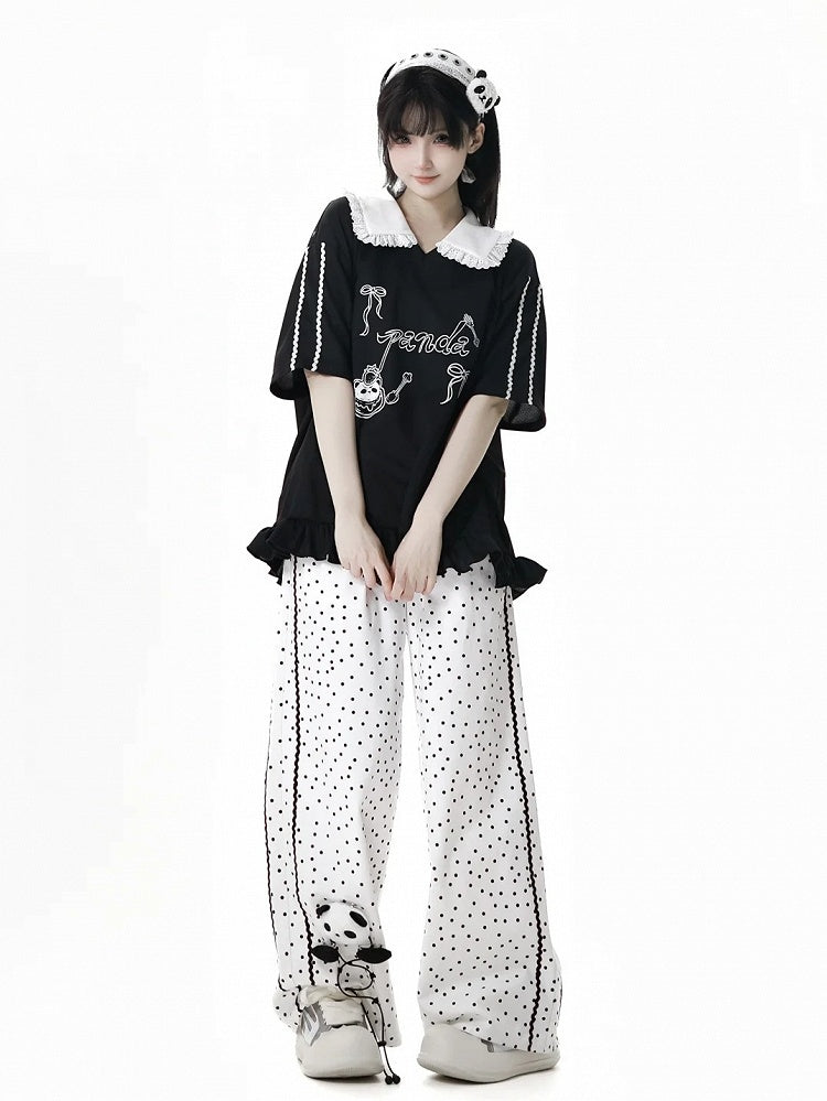 Short/Long Top Sleeves Panda Dessert Print Ruffled Pointed Flat Collar Ruffled Hem Black