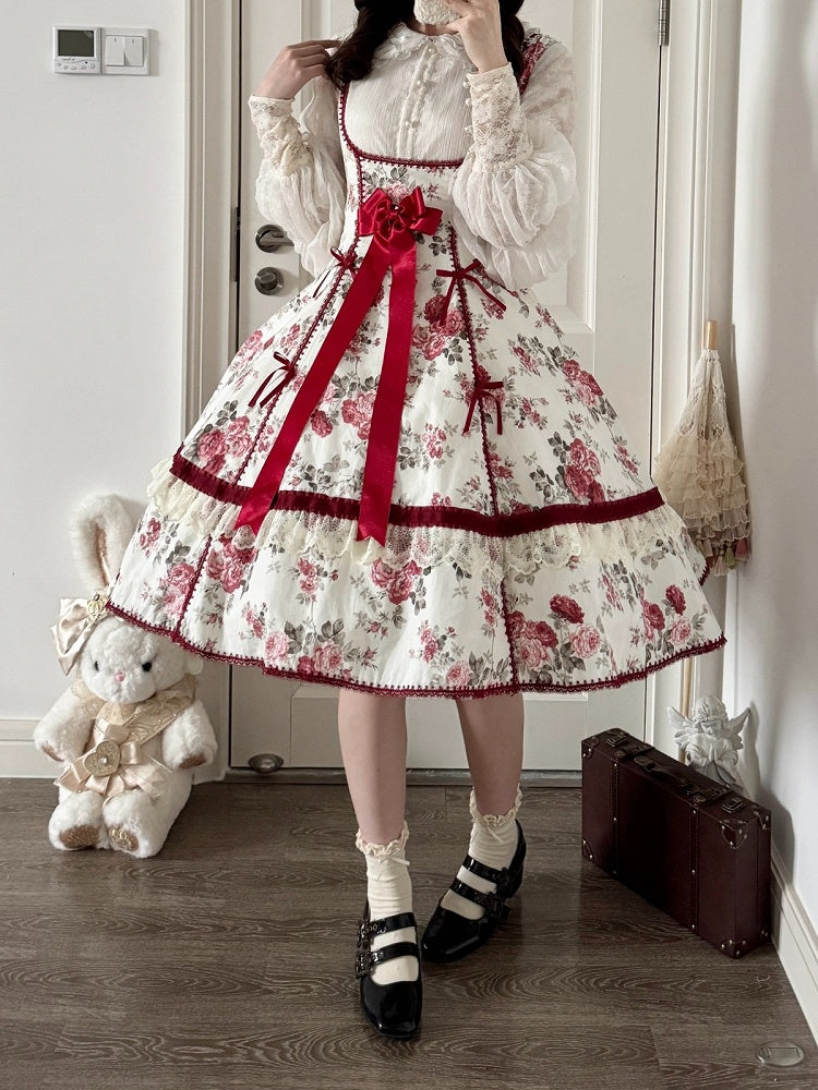Old School Cotton Lolita JSK Gown with Floral Print & Lace Detailing - Qian Mu