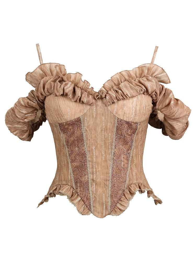 Brown Off-Shoulder Puff Sleeve Blouse with Ruffled Lace - Virtual Orbit