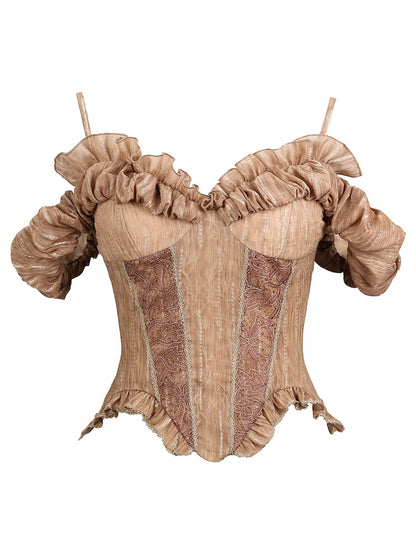 Brown Off-Shoulder Puff Sleeve Blouse with Ruffled Lace - Virtual Orbit