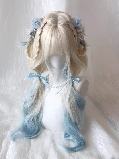 Bangs Wig Full 70CM Platinum Wavy with Blue Ombre Blonde