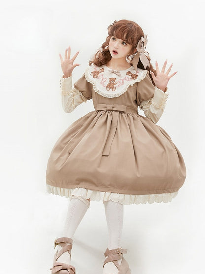 Sweet Dresswith Coffee Teddy Lolita Puff Embroidered Bear Neckline Sleeves Trim Lace