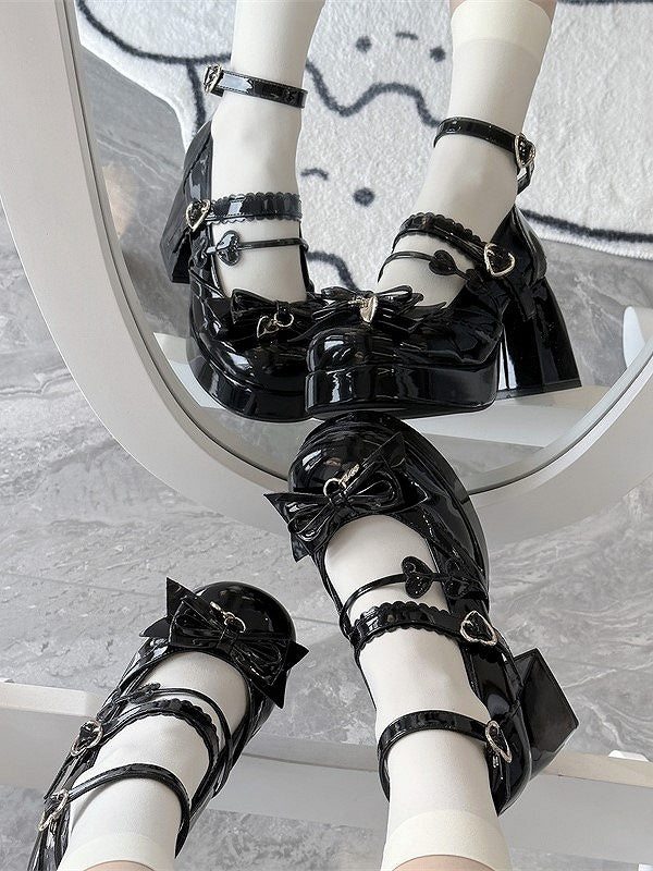 Bows Snap with Lolita Shoes Black Heart-Shaped Elegant High-heel