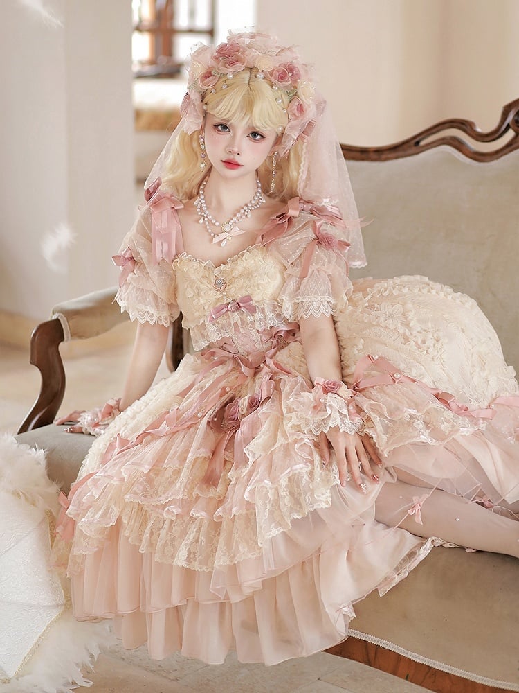 Pink Dress and Beige Piece Layered High-low Princess One Lolita Hanayome Hime