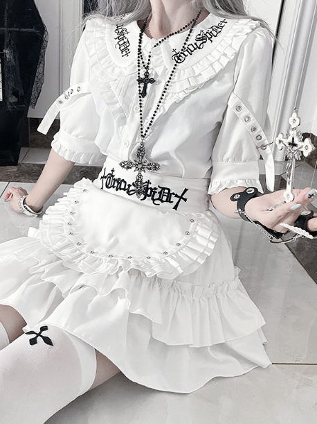 Straps Peter Pan White CollarBuckle Blousewith Sleeve Short Gothic Ruffled