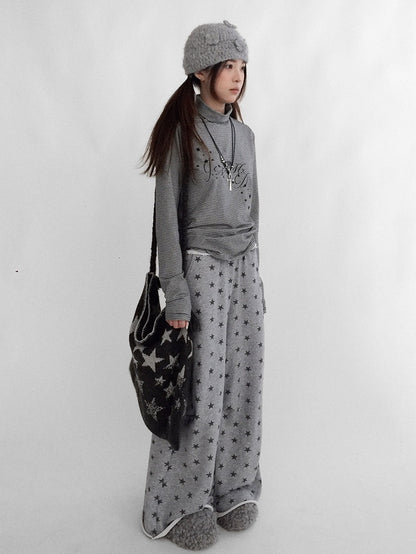 Pants Grey Floor-Length Print Star - Wide-leg