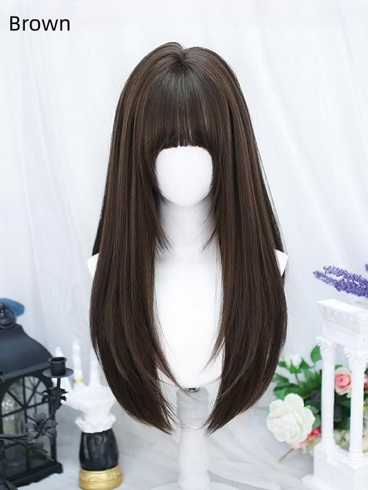 Bust Straight Full Wig Length Black/Brown Bangs Under