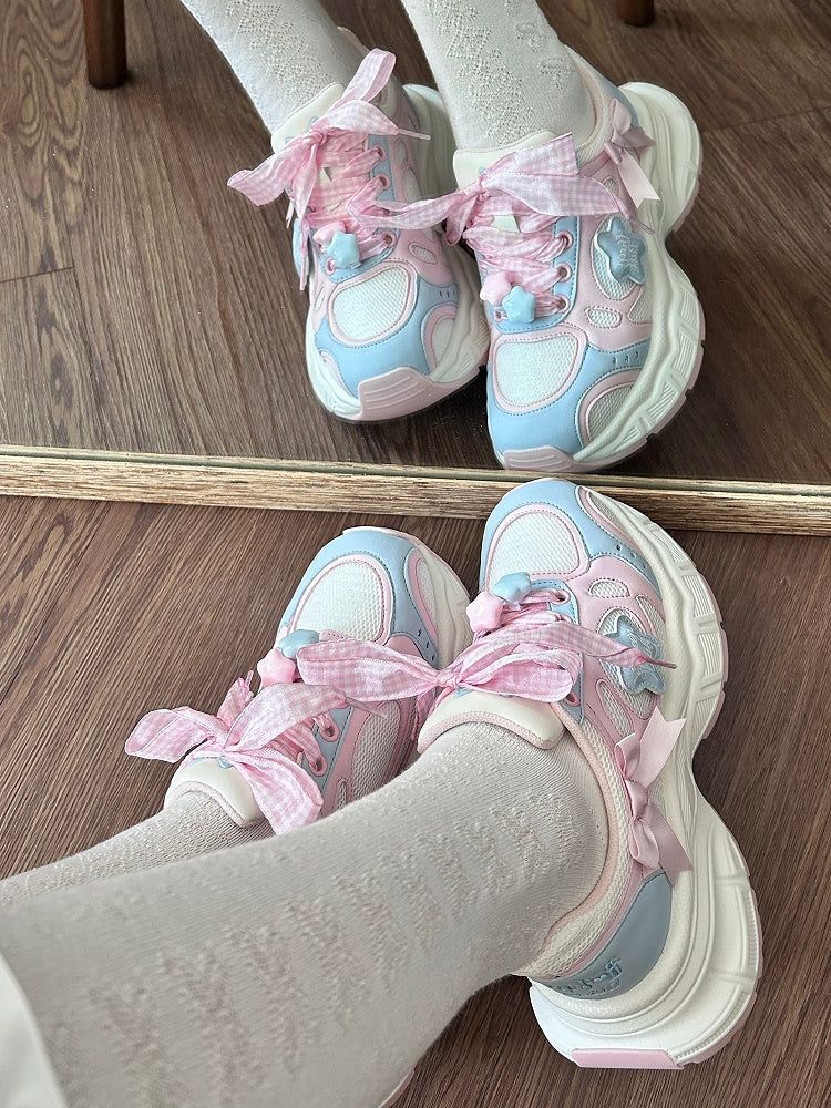 Sneakers Lolita Pink Pattern Plaid Sweet - Lace-Up Blue Closure