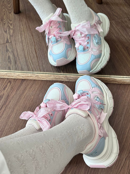 Sneakers Lolita Pink Pattern Plaid Sweet - Lace-Up Blue Closure