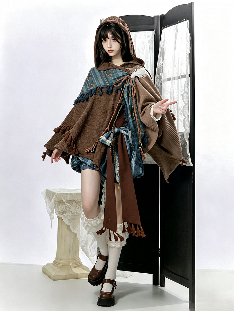 Brown & Blue Wasteland Style Asymmetrical Lolita Cape + Lace-Up Top + Striped Overall Shorts Set - Xiong Dou Jiang