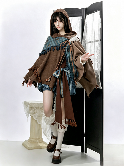 Brown & Blue Wasteland Style Asymmetrical Lolita Cape + Lace-Up Top + Striped Overall Shorts Set - Xiong Dou Jiang