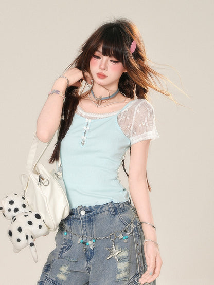 Mint Blue Slim-fitting Set Cami Top Cropped T-shirt Glamorous with Lace