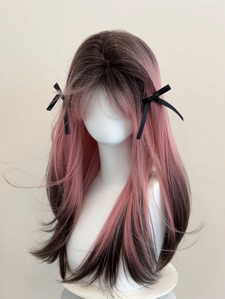 Straight Wig Black 55CM Curtain Ombre with Bangs Pink