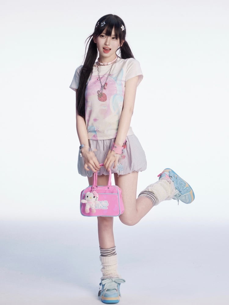 刺繍ミニバブルスカートパターンホワイトストライプ文字