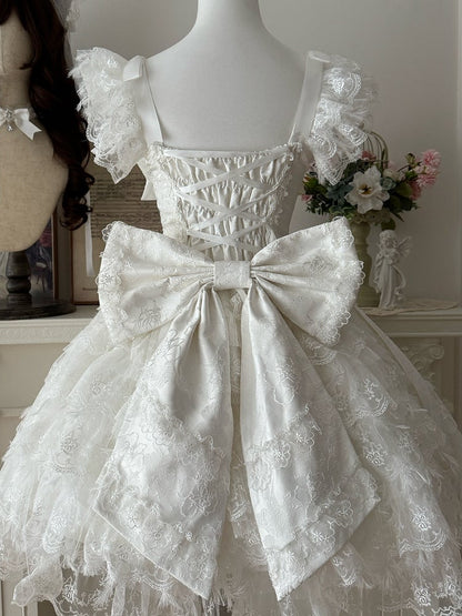 Skirt + Train Rhinestone Multi-Layered Details Lace Hime-Style JSK Big Lolita White with / Elegant Choker Bow Dress