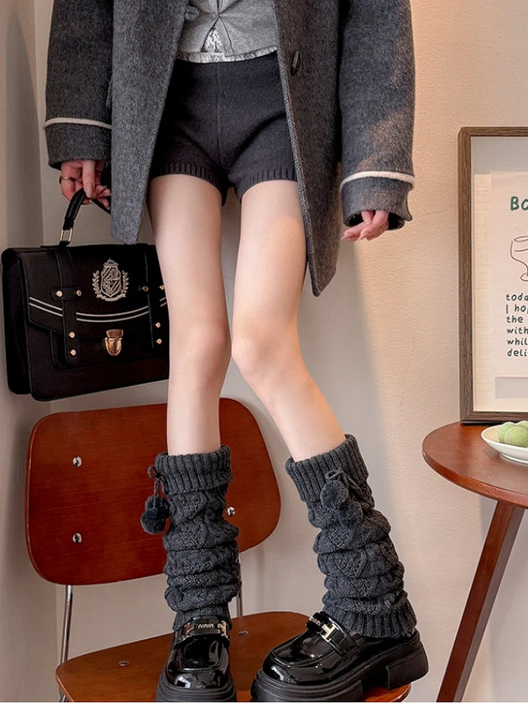 Heart Cable-Knit Pom-Pom Leg Warmers - Kawaii Fairy Kei & Sweet Lolita Accessory, 4 Colors
