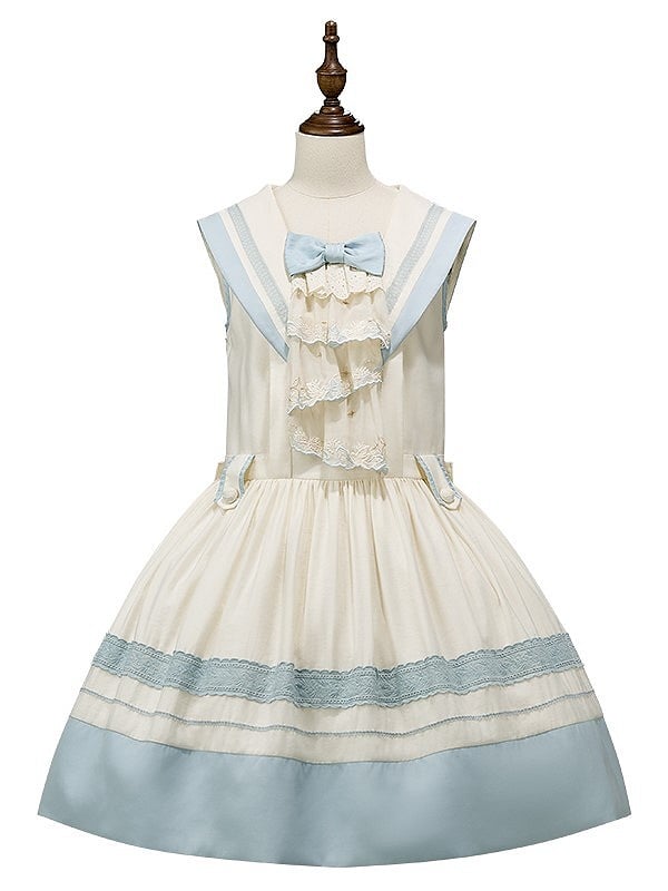 Accent Light White Sailor Bow Collar and Milk Lace Trims Lolita with Blue Dress