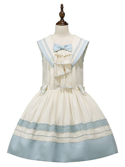 Accent Light White Sailor Bow Collar and Milk Lace Trims Lolita with Blue Dress
