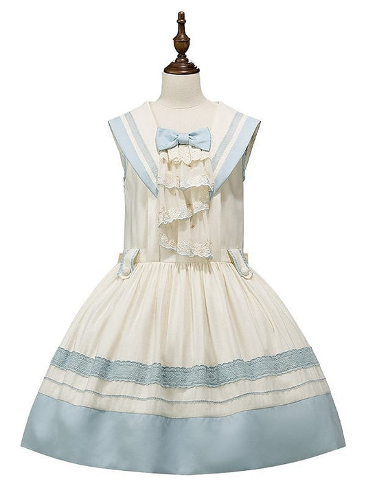 Accent Light White Sailor Bow Collar and Milk Lace Trims Lolita with Blue Dress