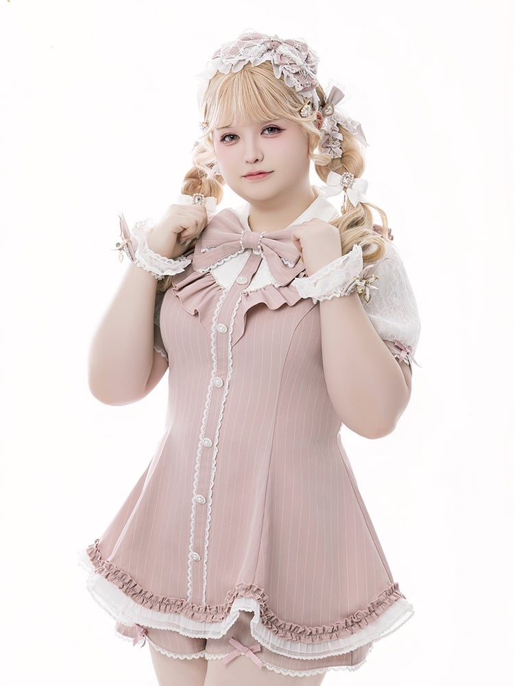 Set - Top Striped Brooch Scalloped Edge with Pink Kei Matching Shorts Bow Jirai