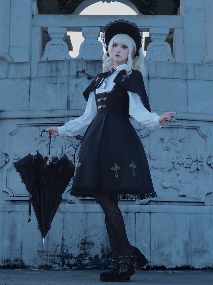 Black & Gold Cross Print Cape Design Gothic Dress Nun Lolita OP