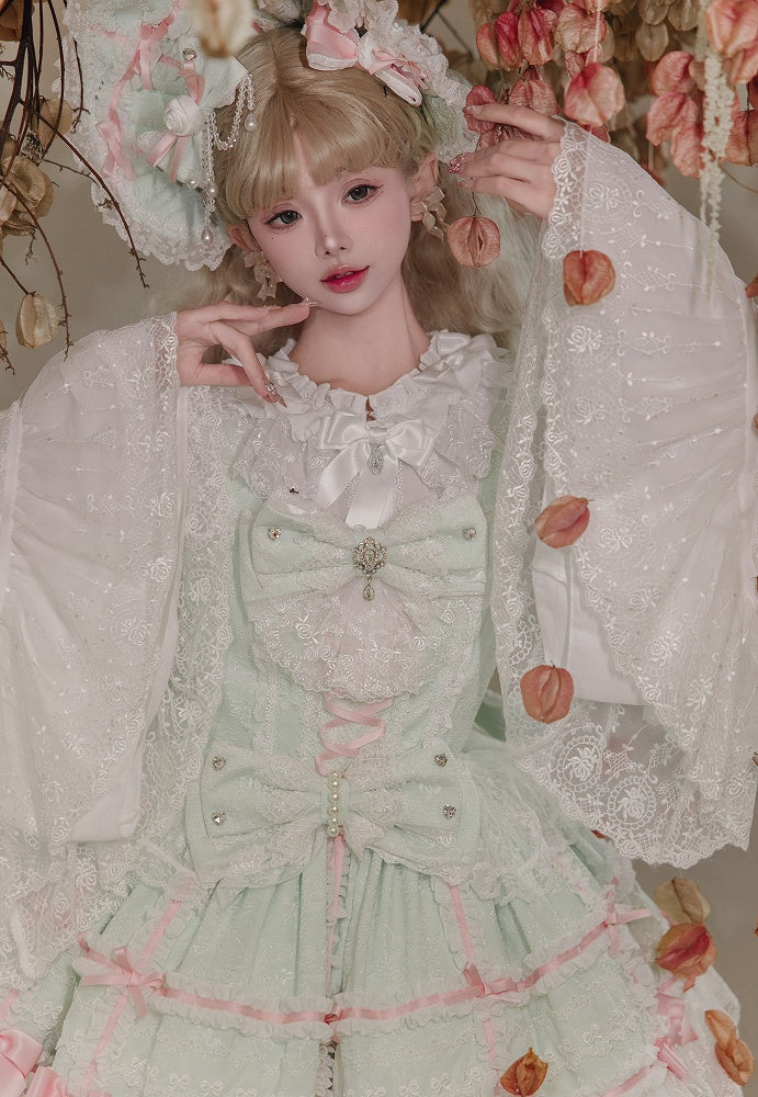 Detachable Sweet Bows Green Skirt Mint JSK Hime Layered Dress Hanayome with Lolita
