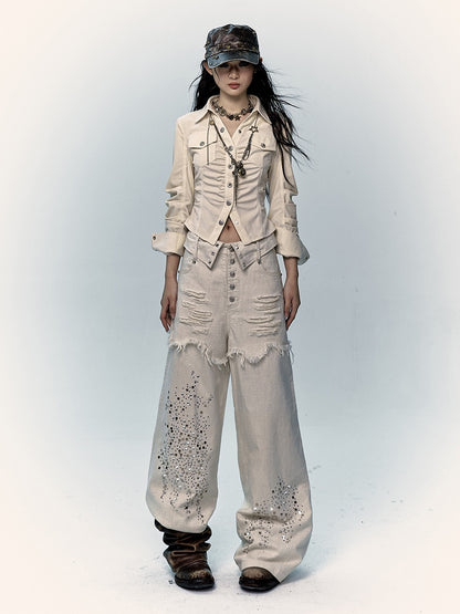 Aprikosenfarbene Distressed-Jeans mit weitem Bein und Strass