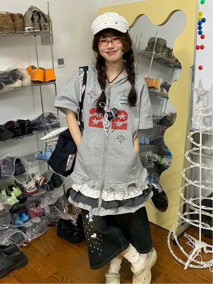 Tiered Hem with Dress Hoodie Number Ruffle Zip-Up Print Gray