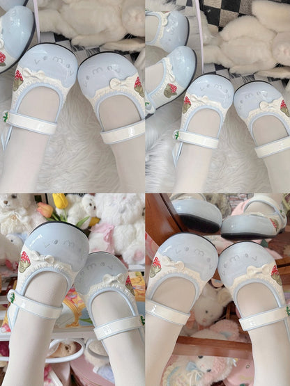Lolita with Embroidery straps Strawberry Shoes Velcro Sweet Indoor Blue