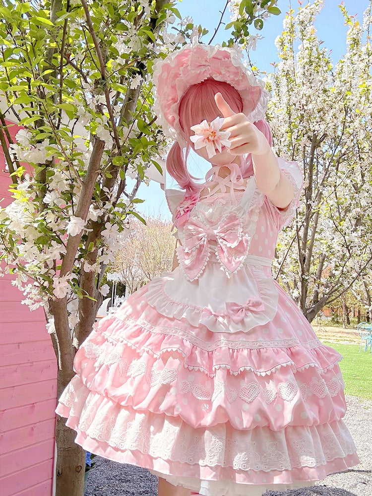 Punkte Quadrat Schürze Weiß Kurze Polka Kleid Lolita mit Ärmeln Ausschnitt Rosa