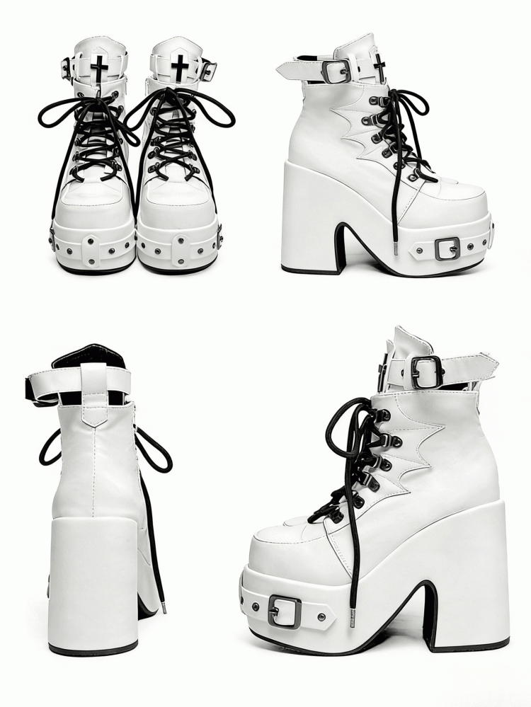 White Gothic Platform 12CM High Heel Boots with Buckle & Spiderweb Design - Transfer Student