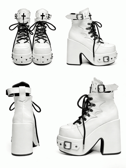 White Gothic Platform 12CM High Heel Boots with Buckle & Spiderweb Design - Transfer Student