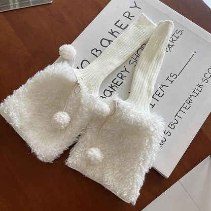 Süße weiß/schwarz/braune Y2K-Strick-Beinswärmer mit Pompons