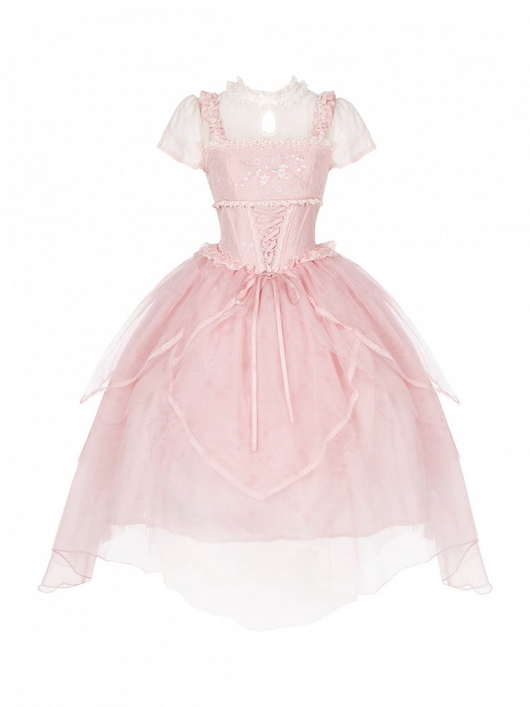 Pink Boned Waist Chinoiserie Lolita OP Dress - With PUJI