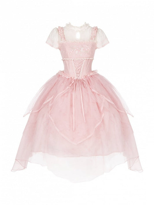 Robe Lolita OP chinoiserie à la taille avec os rose - Avec PUJI