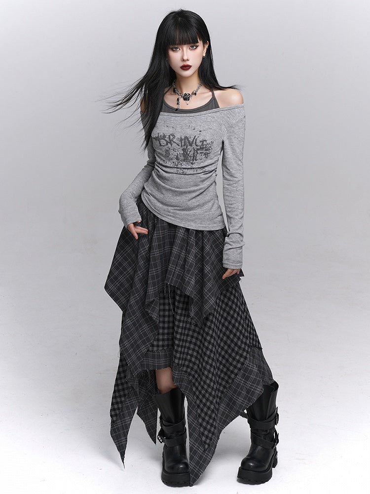 Hem Handkerchief Black Patchwork Skirt Waist with Elastic Plaid Gray Tiered