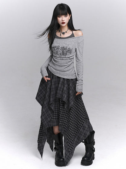 Hem Handkerchief Black Patchwork Skirt Waist with Elastic Plaid Gray Tiered