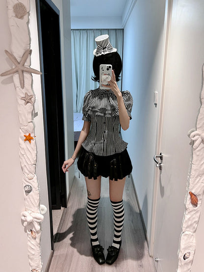 Black Striped Short Sleeve Gothic Lolita Blouse with Jabot - Flower Fairy Daily
