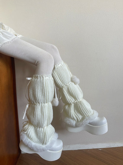 Ribbon Knitted Pom-Pom White/Black Plush-Trimmed Decorations and with Warmers Leg