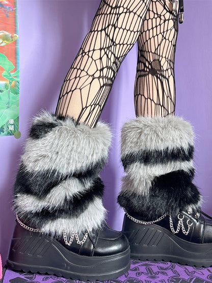 ベージュ/グレー Y2K ゼブラストライプ柄 25cm レッグウォーマー