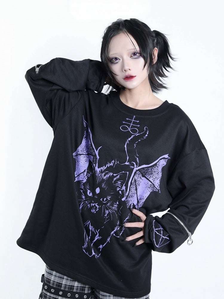 Dark Kawaii Purple & Black Hell Cat Graphic Embroidered Zip Sweatshirt - Tribuo Flos