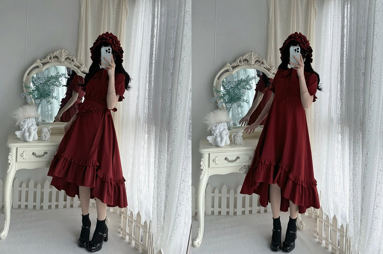 Red Gothic Lolita High-Low Ruffled Dress with Cross Patches - Blossom Herald