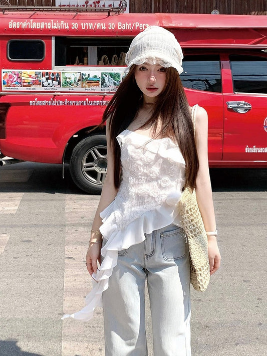 White Holiday Asymmetrical Ruffle Hem Top - Qchiwawameme