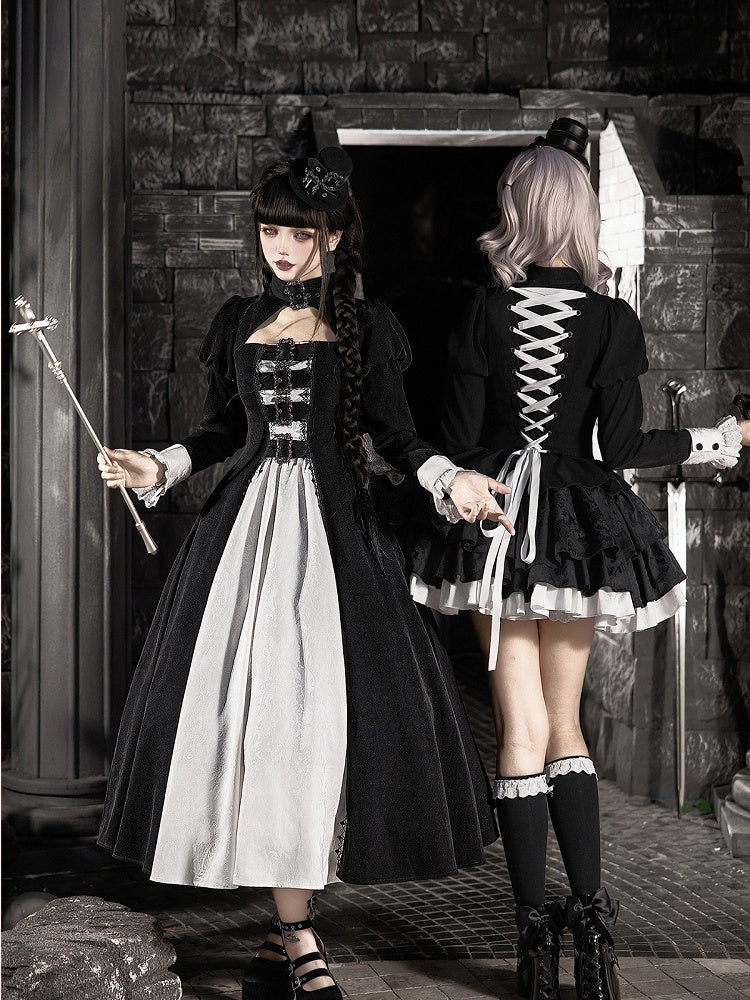 Gothic Lace-Up Lolita OP Gown with Metal Buckle, Short Version and Mini Hat Set - With PUJI