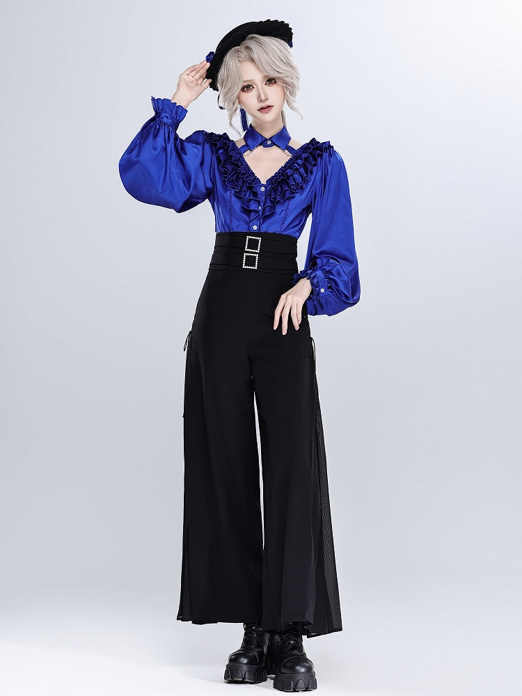 Deep Sea Blue Layered Ruffles V-neck Long Sleeves Shirt with Detachable Bead Chain Cutout Back - DevilInspired Exclusive Collection