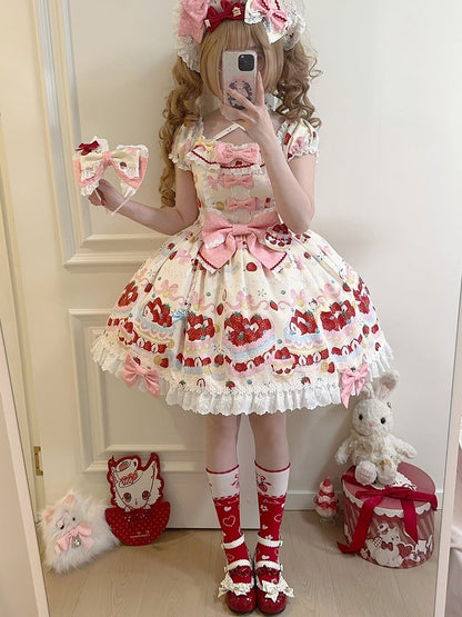 Lolita Kurzes, einteiliges, süßes Kleid mit weißen Ärmeln und cremigem Erdbeerdruck