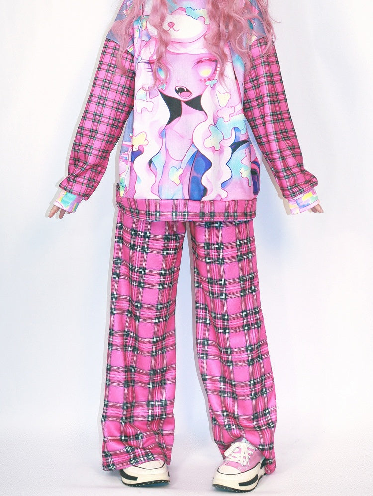 バージョンパターンローズチェック柄ワイドレッグパンツギャルレッドファッション厚手カット