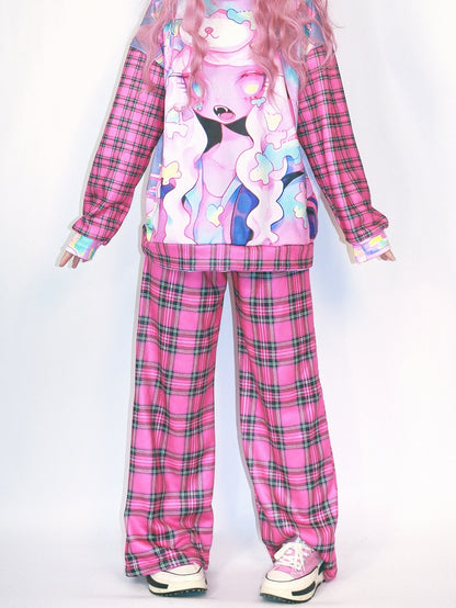 バージョンパターンローズチェック柄ワイドレッグパンツギャルレッドファッション厚手カット