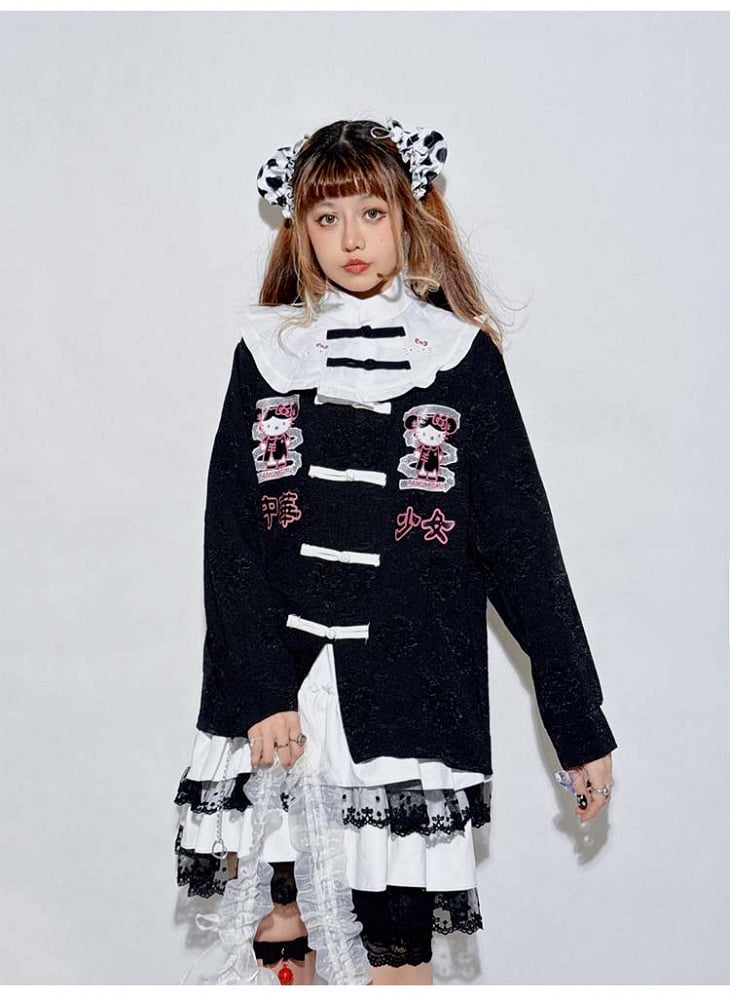 Schwarz/Blaues Jirai Kei-Oberteil mit langen Ärmeln und Kitty-Stehkragen